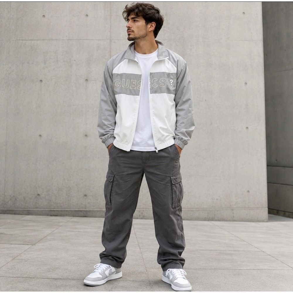 GUESS Windbreaker Jacket XL Grey White Logo Streetwear Full Zip Mesh Lined